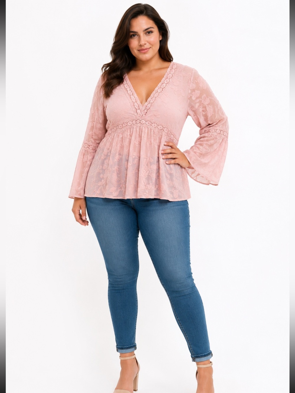 Torrid Light Pink Lace Babydoll Top 2X NWT Bell Sleeve Boho Blouse Plus - Picture 2 of 6